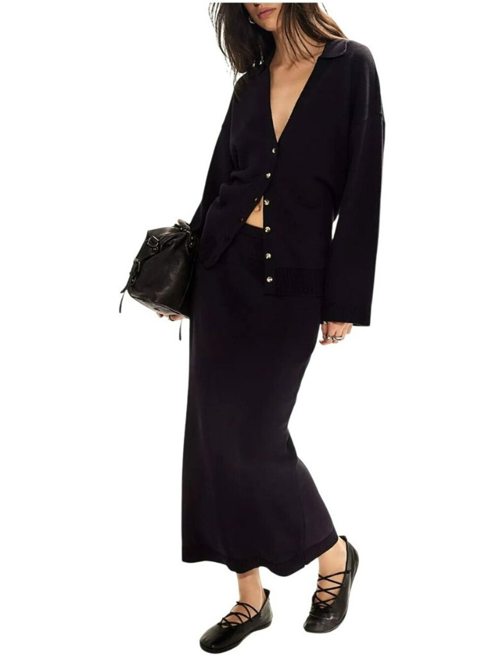 Free People Gwenna Sweater Skirt Set Black New Medium